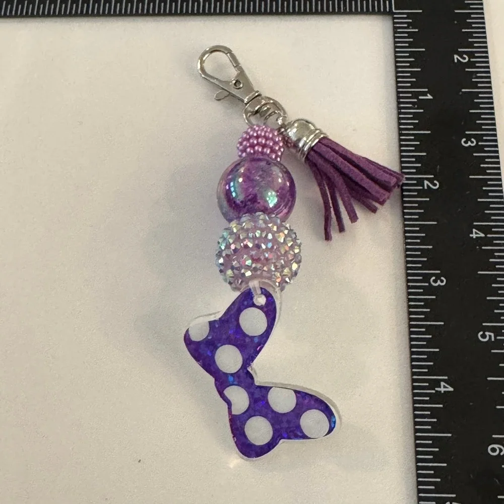 Purple Butterfly‎ Bow Beaded Tassel Keychain Charm Bling Sparkle